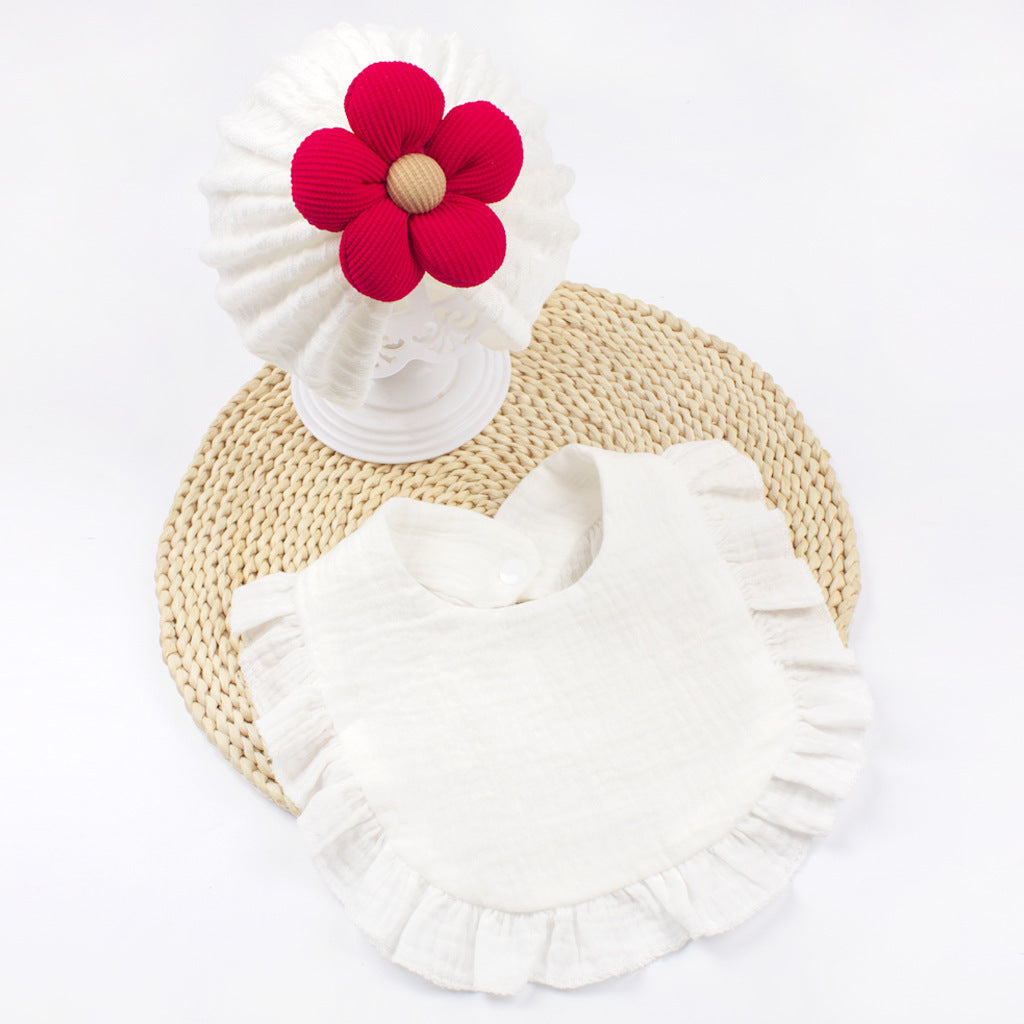 Newborn Baby Hat & Bib Set - Muslin Drool Bibs With Frilly Trim  Soft Organic Cotton
