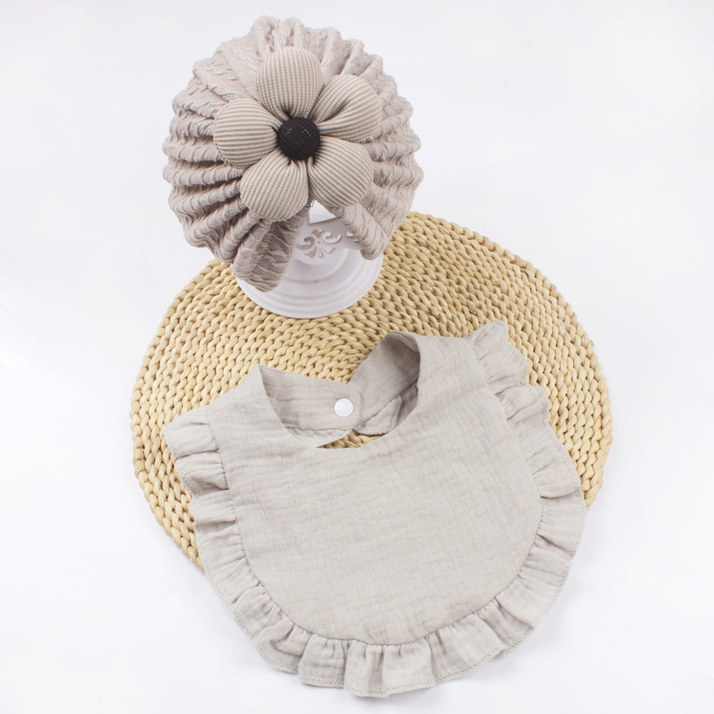 Newborn Baby Hat & Bib Set - Muslin Drool Bibs With Frilly Trim  Soft Organic Cotton